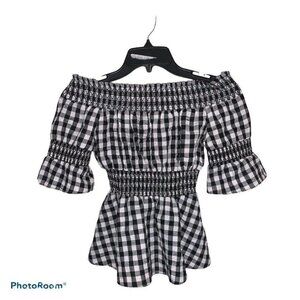 Urban outfitters checkered plaid crop top off the shoulder black white XS 1C
